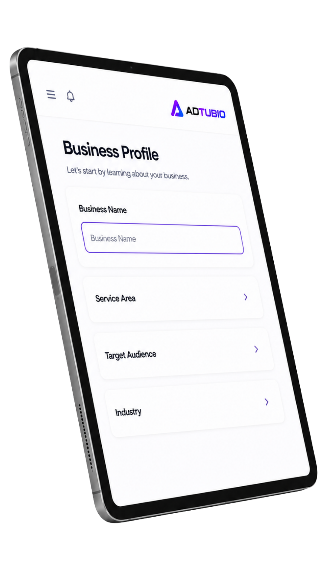 AdTubio business profile onboarding tablet