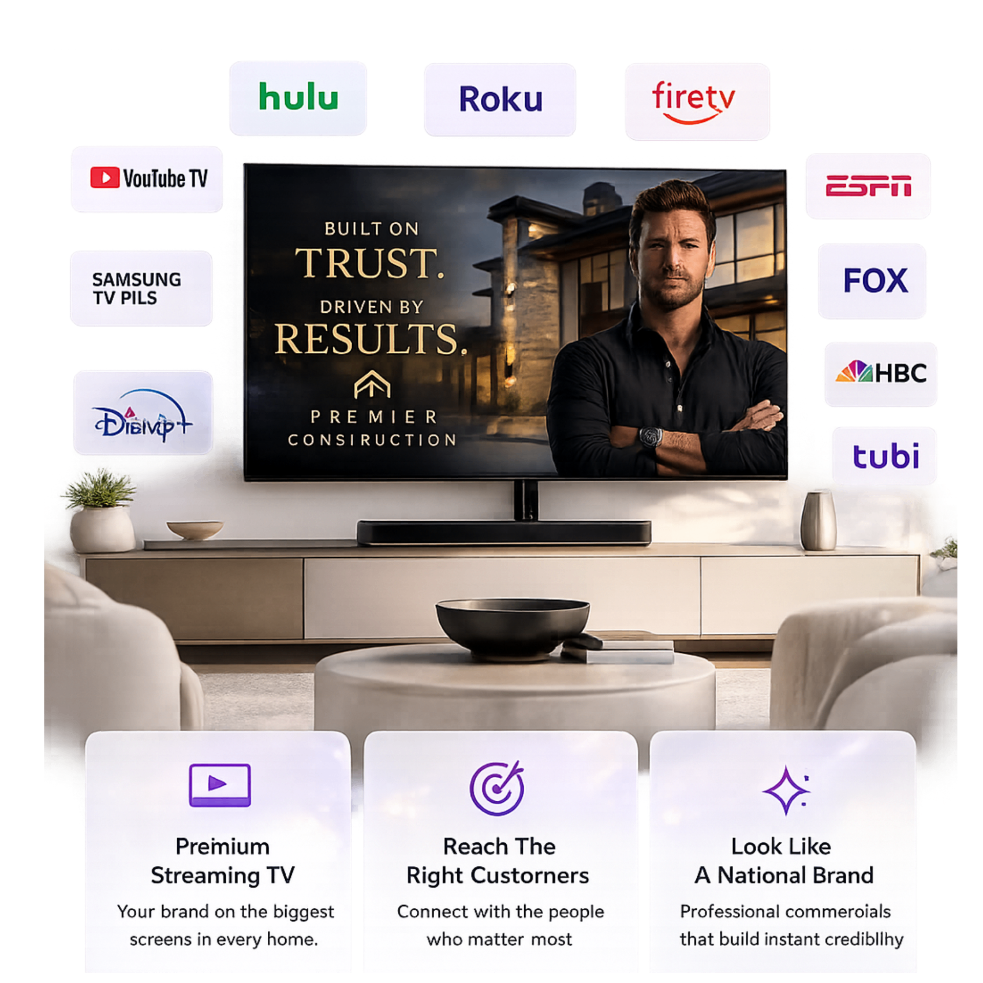 Streaming TV commercial preview surrounded by Hulu, Roku, Fire TV, YouTube TV, Samsung TV Plus, Disney+, ESPN, FOX, NBC, and Tubi logos, with Premium Streaming TV, Reach The Right Customers, and Look Like A National Brand feature callouts