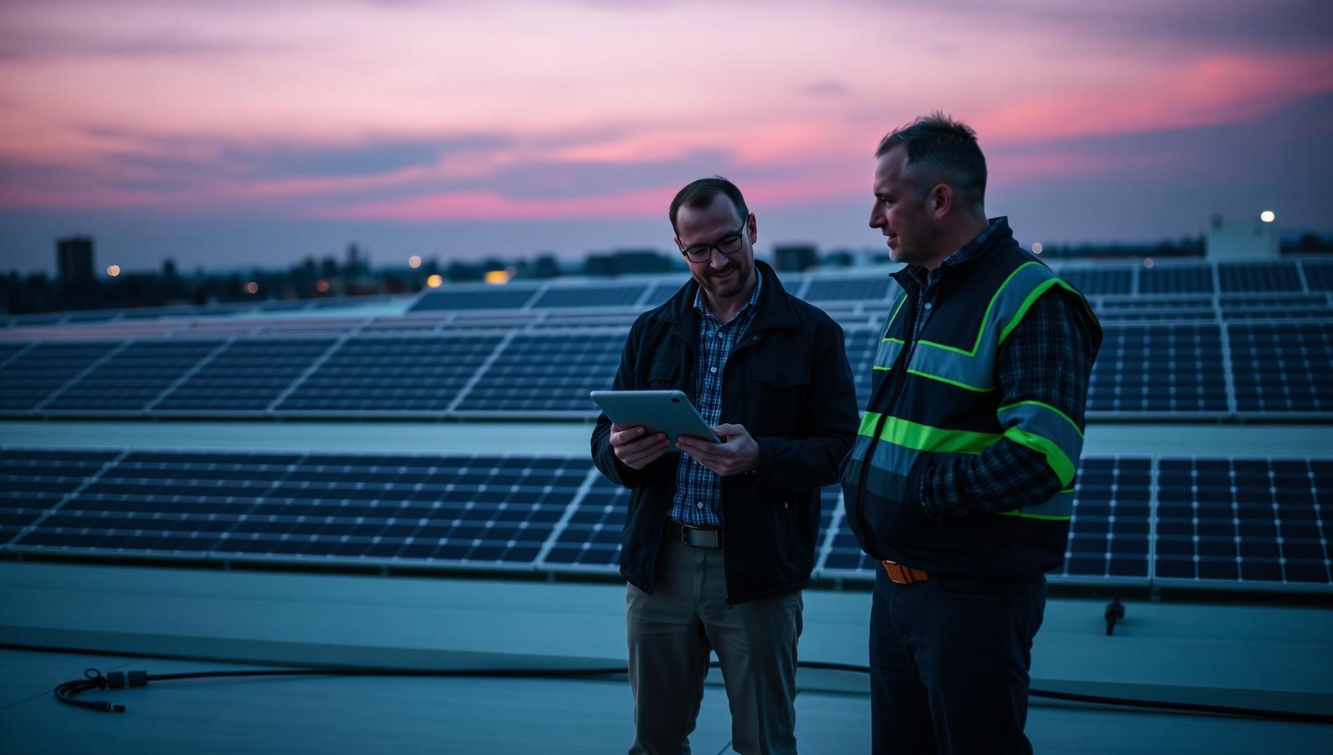 Solar engineer team inspecting newly installed commercial array on rooftop