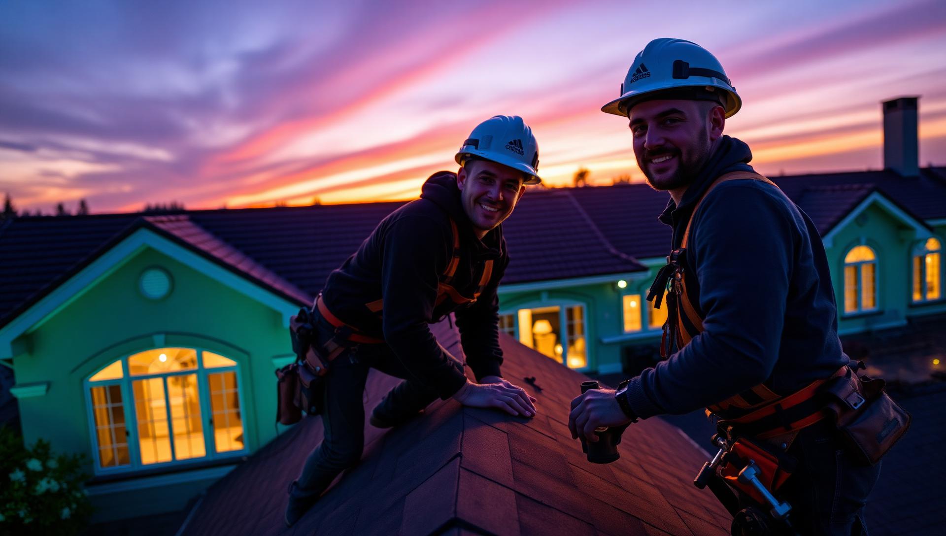 Professional roofing crew installing new shingles on a sunny day