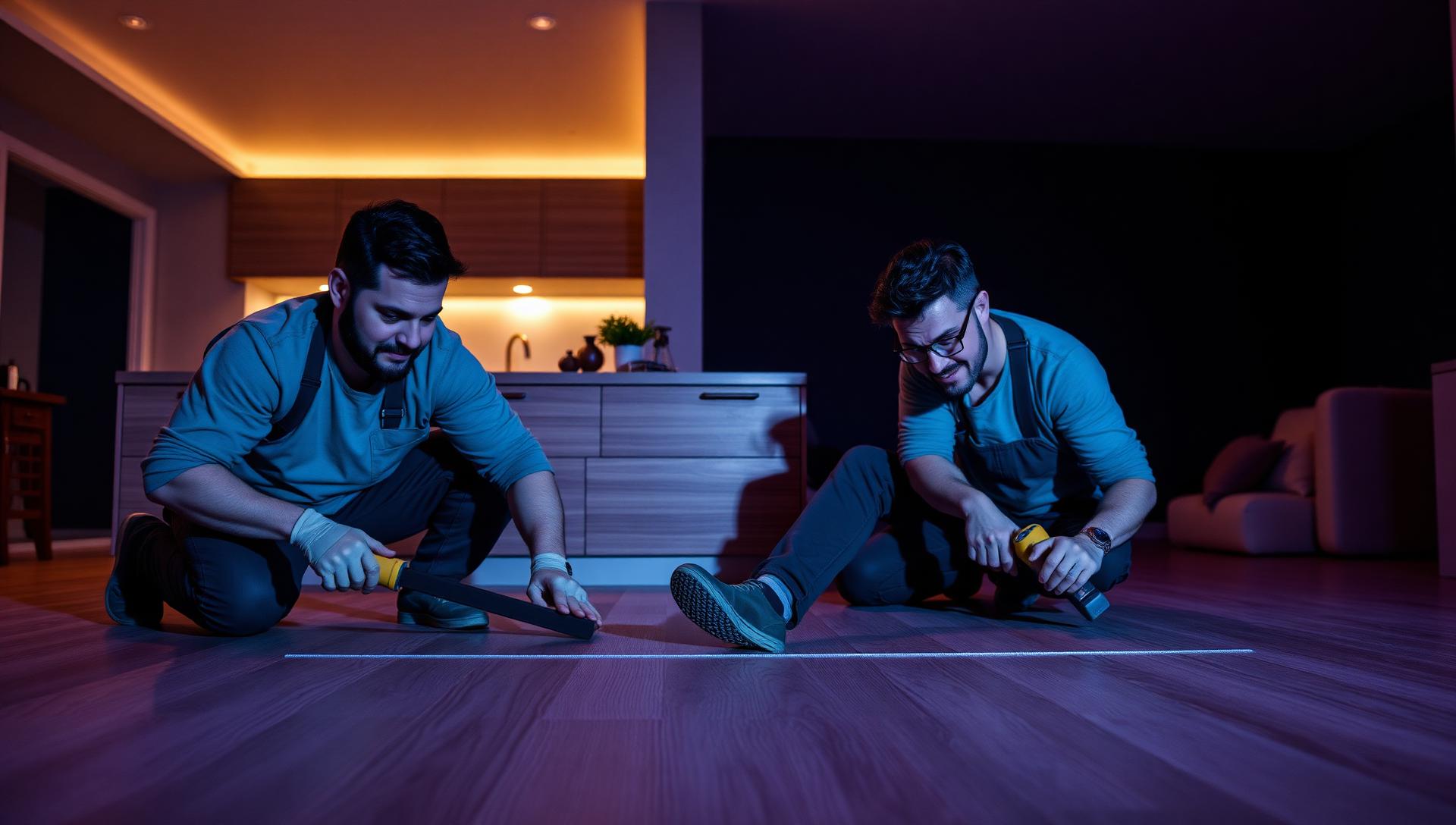 Professional flooring installer laying luxury vinyl plank