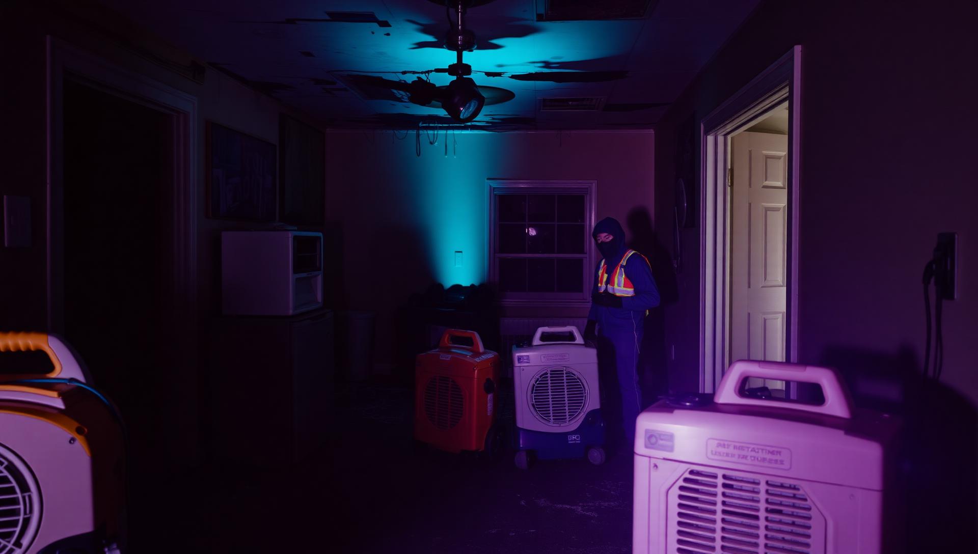 Restoration technicians using air movers and moisture meters