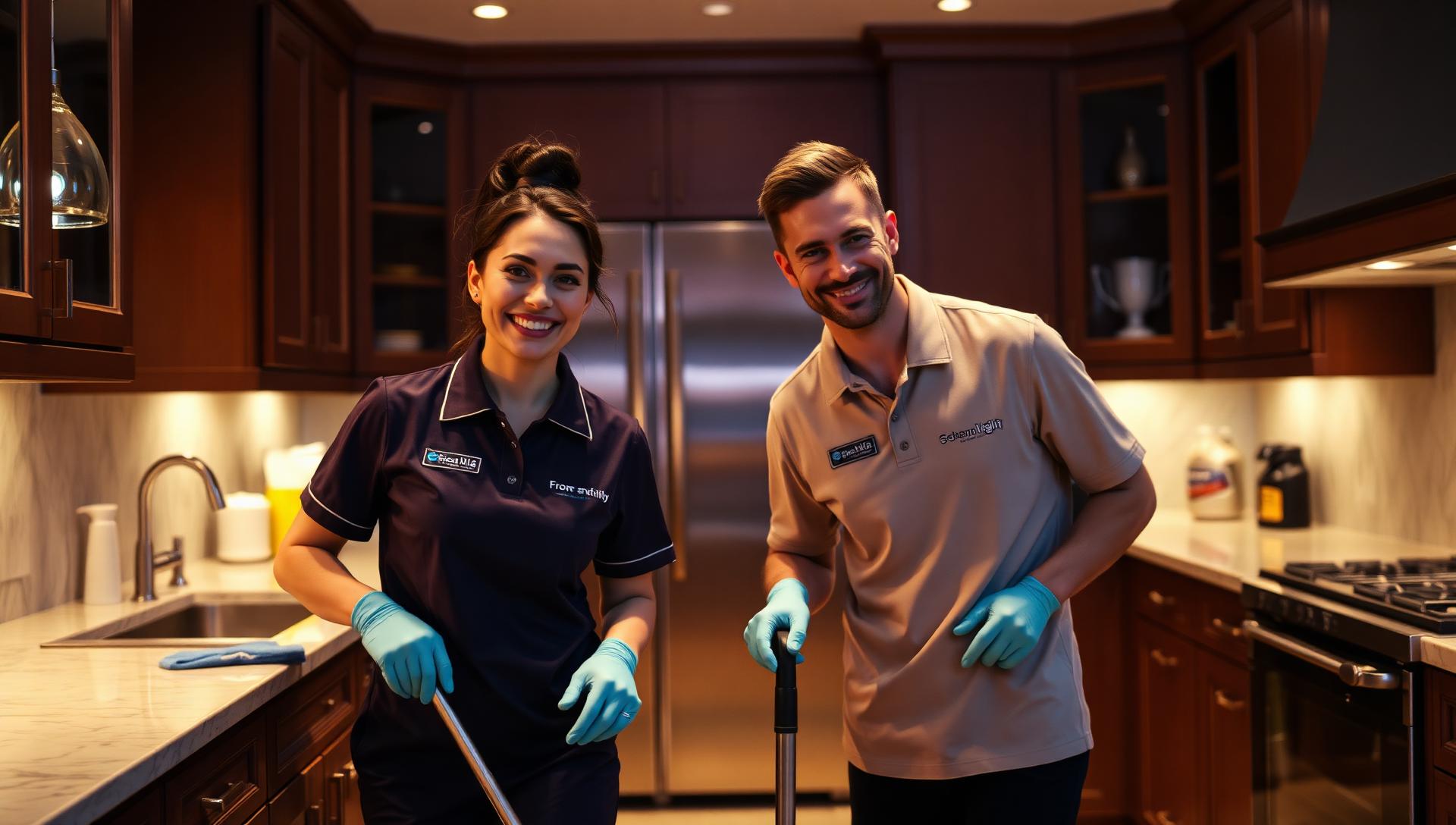 Professional cleaning team in branded uniforms in upscale kitchen