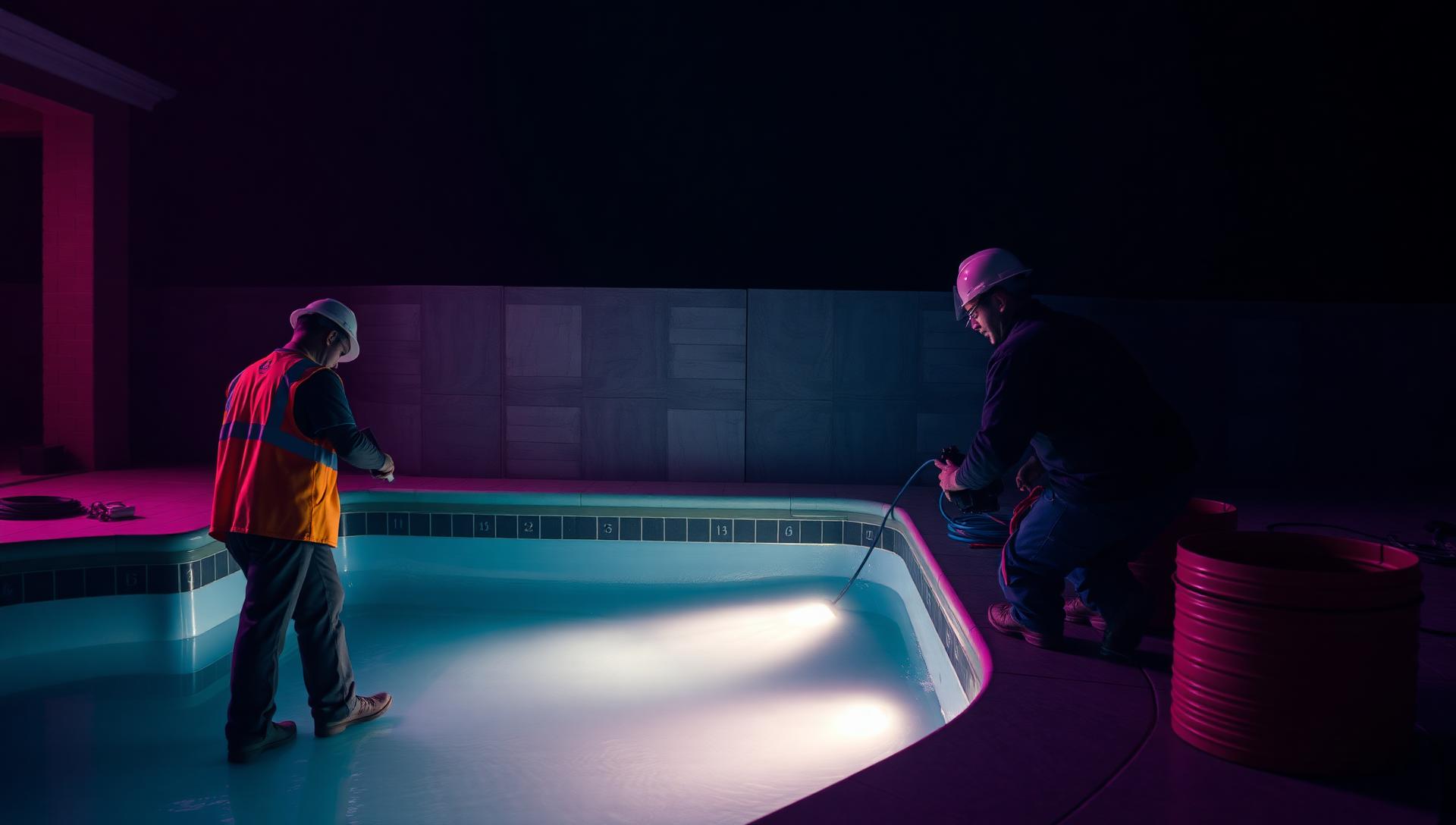 Pool construction crew finishing tile work