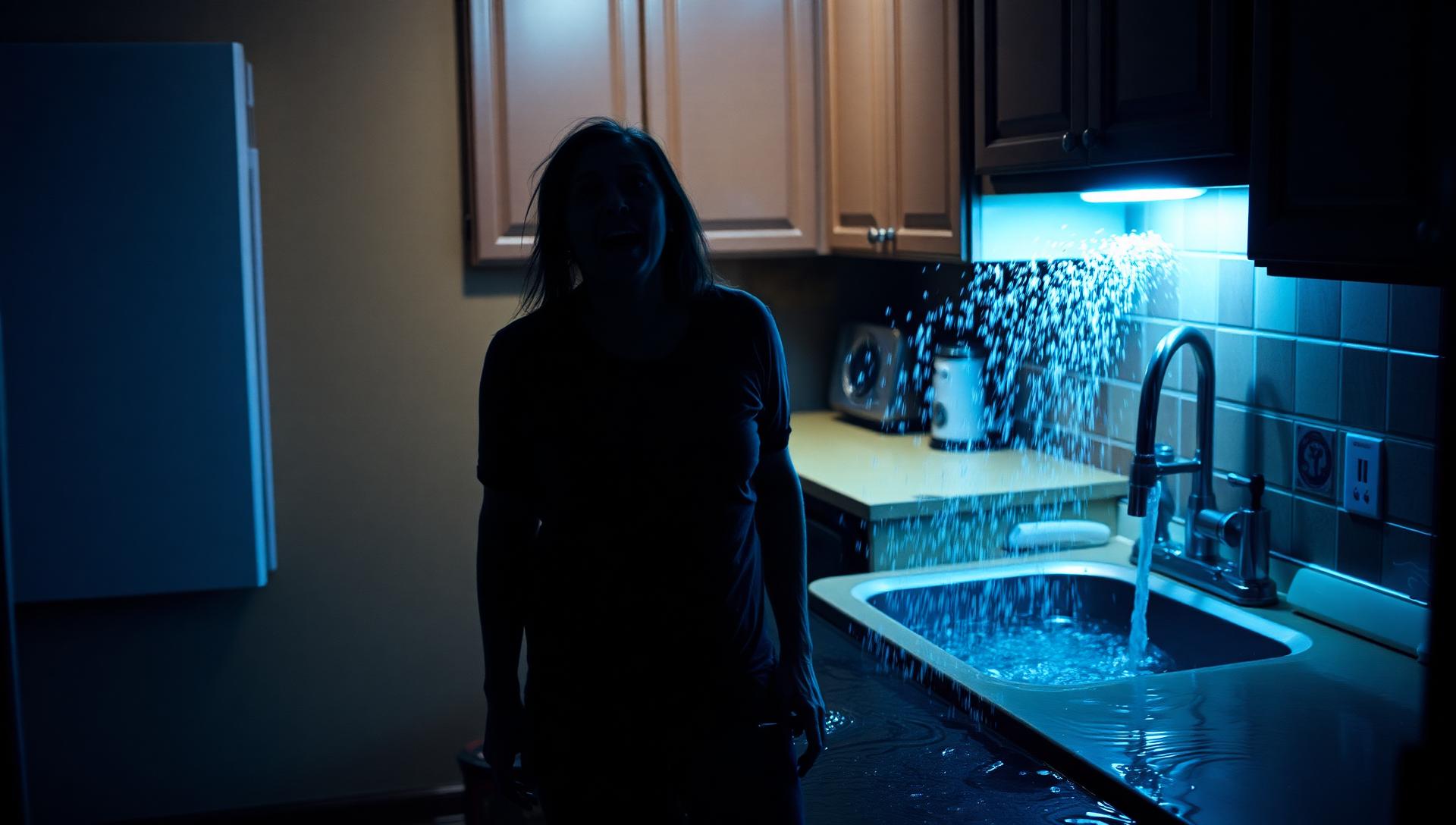 Burst pipe leaking water under a kitchen sink