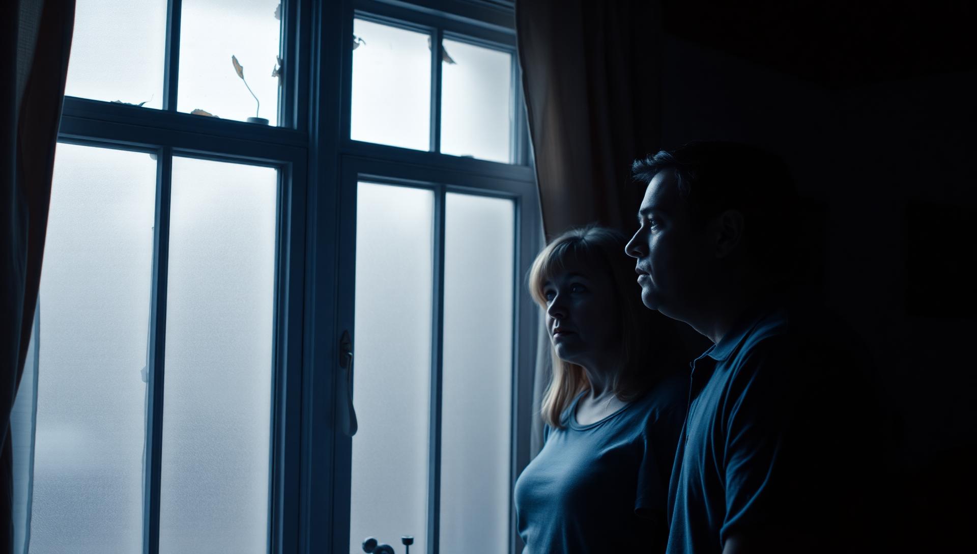 Old drafty wooden window with peeling paint and fogged glass