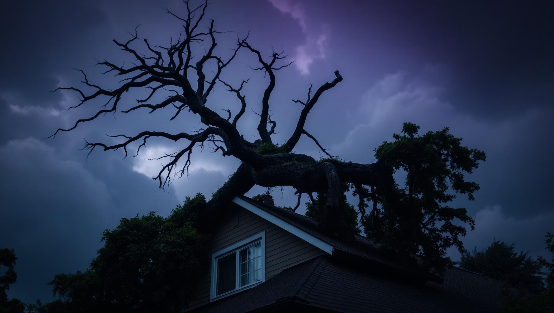 Large fallen tree across a suburban front yard after a storm