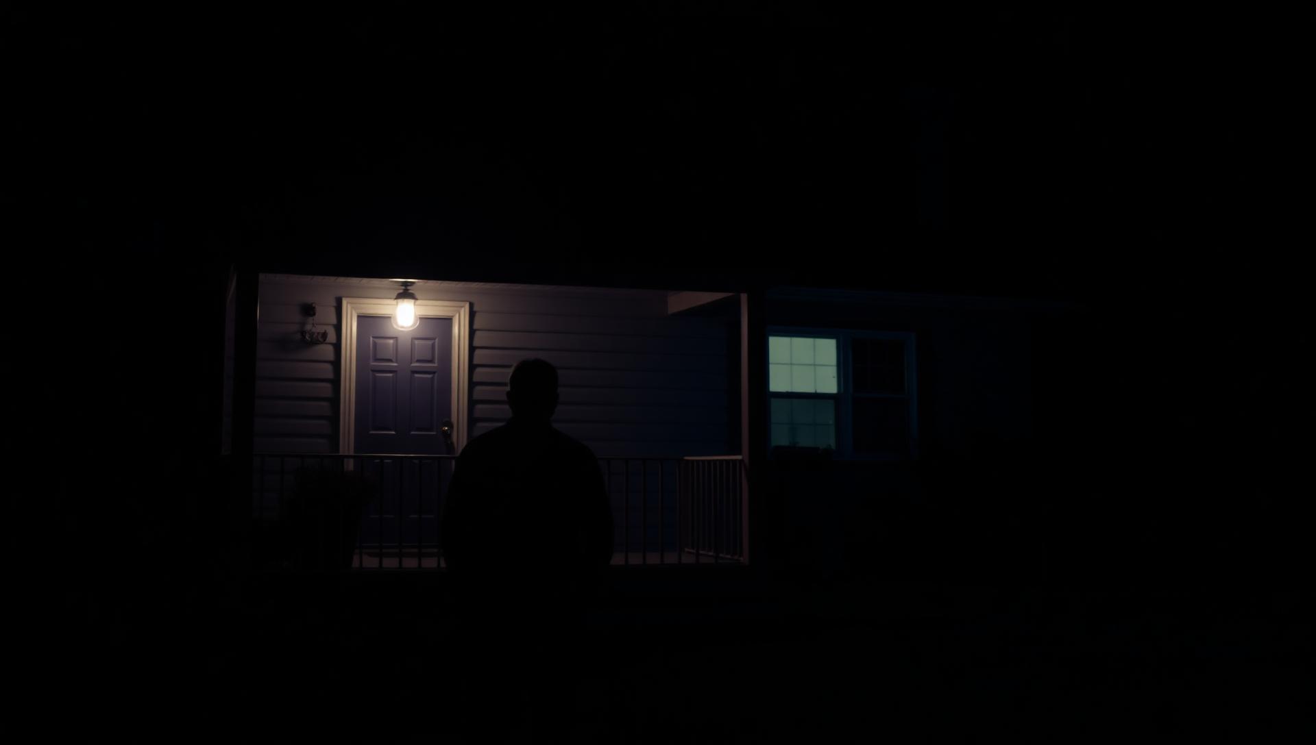 Dark unlit suburban home at night with poor curb appeal