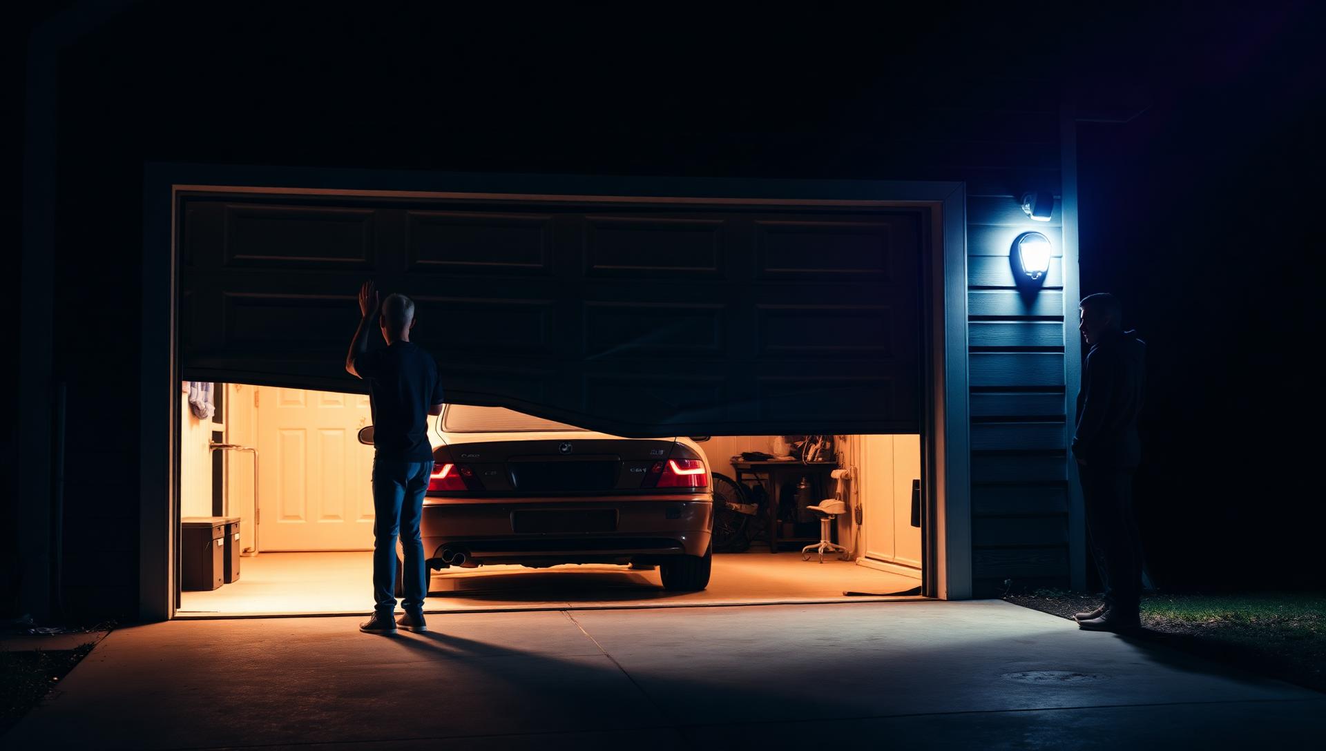 Homeowner inspecting damaged garage door panel
